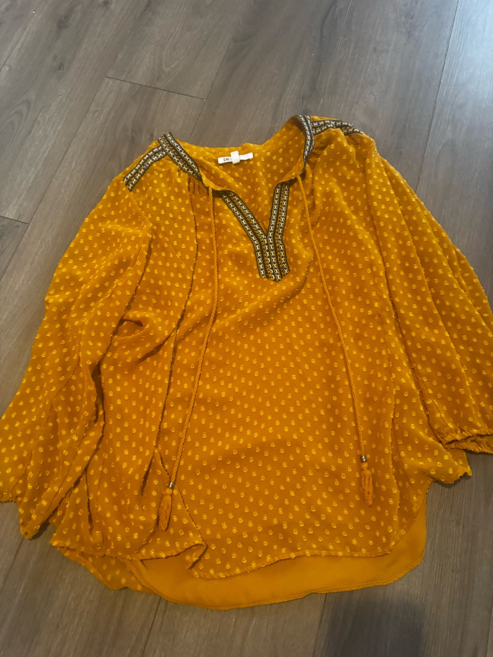 DR2 Mustard Yellow Boho Peasant Blouse with Embellished Trim